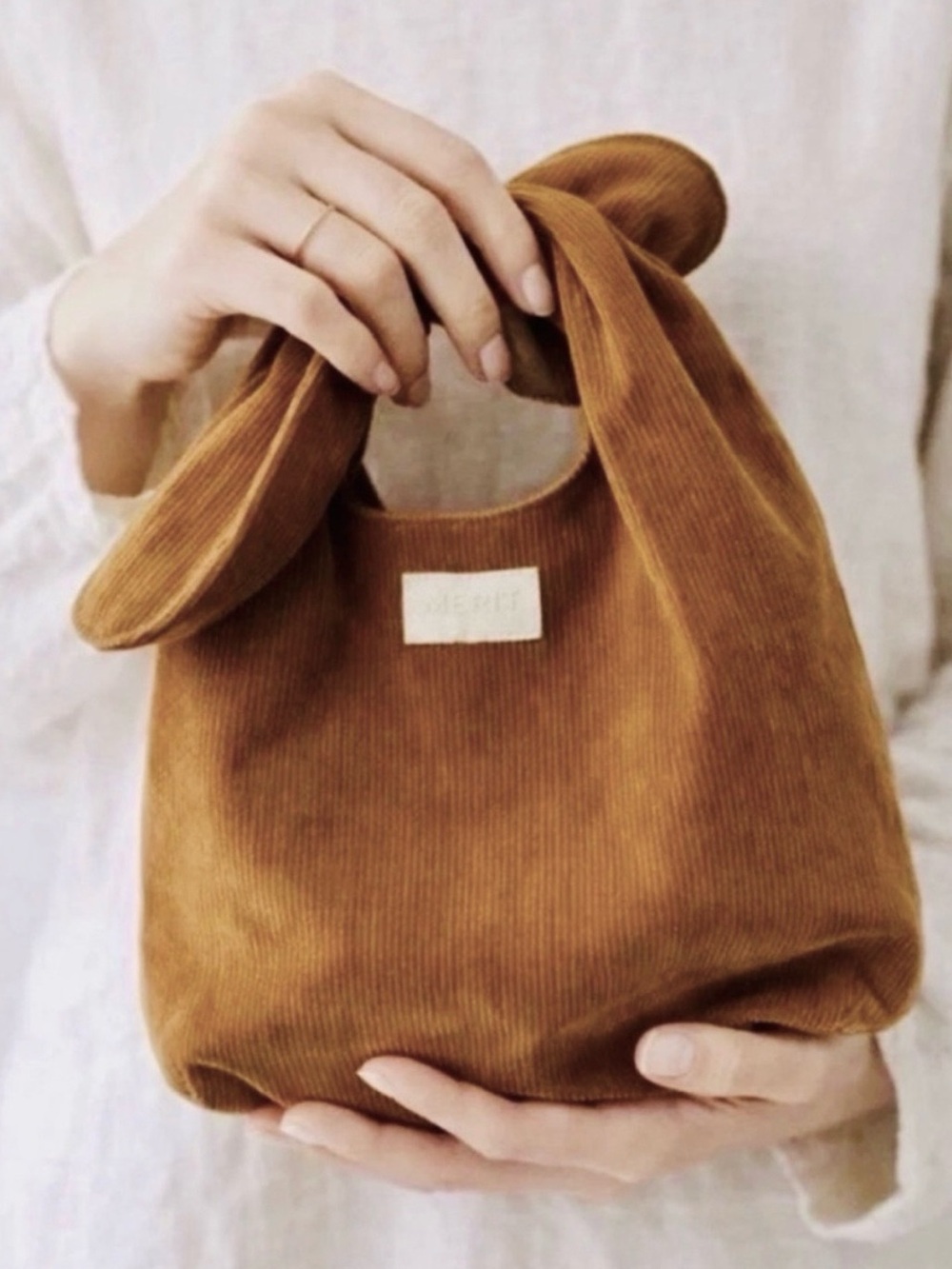 Merit Beauty Signature Brown Corduroy Makeup Travel Cosmetic Mini Handbag NWT
